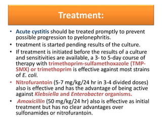 Treatment:
• Acute cystitis should be treated promptly to prevent
possible progression to pyelonephritis.
• treatment is started pending results of the culture.
• If treatment is initiated before the results of a culture
and sensitivities are available, a 3- to 5-day course of
therapy with trimethoprim-sulfamethoxazole (TMP-
SMX) or trimethoprim is effective against most strains
of E. coli.
• Nitrofurantoin (5-7 mg/kg/24 hr in 3-4 divided doses)
also is effective and has the advantage of being active
against Klebsiella and Enterobacter organisms.
• Amoxicillin (50 mg/kg/24 hr) also is effective as initial
treatment but has no clear advantages over
sulfonamides or nitrofurantoin.
 