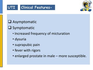  Asymptomatic
 Symptomatic
• Increased frequency of micturation
• dysuria
• suprapubic pain
• fever with rigors
• enlarged prostate in male – more susceptible.
UTI Clinical Features-
 