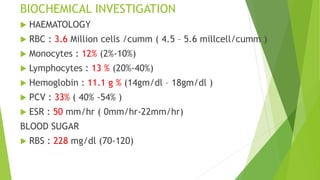 BIOCHEMICAL INVESTIGATION
 HAEMATOLOGY
 RBC : 3.6 Million cells /cumm ( 4.5 – 5.6 millcell/cumm )
 Monocytes : 12% (2%-10%)
 Lymphocytes : 13 % (20%-40%)
 Hemoglobin : 11.1 g % (14gm/dl – 18gm/dl )
 PCV : 33% ( 40% -54% )
 ESR : 50 mm/hr ( 0mm/hr-22mm/hr)
BLOOD SUGAR
 RBS : 228 mg/dl (70-120)
 