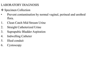 LABORATORY DIAGNOSIS
 Specimen Collection
• Prevent contamination by normal vaginal, perineal and urethral
flora.
1. Clean Catch Mid Stream Urine
2. Straight Catheterized Urine
3. Suprapubic Bladder Aspiration
4. Indwelling Catheter
5. Illeal conduit
6. Cystoscopy
 