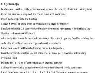 6. Cystoscopy
Is a bilateral urethral catheterization to determine the site of infection in urinary tract
Clean the area with soap and water and rinse well with water
Insert cystoscope into the bladder
Colect 5-10 ml of urine from openstock into a sterile container
Labek the sample CB (catheterized bladder urine) and refrigerate it and irrigate the
bladder with sterile 0.85%NaCl
After irrigation insert the urethral catheters, collectbthe irrigating fluid by holding the
ends of both catheters over an opened sterile containers
Label this sample WB(washed bladder urine), refrigerate it
Pass the urethral catheters to each midureter or renal pelvis without introducing
irrigating fluid
Discard first 5-10 ml of urine from each urethral catheter
Collect 4 consecutive paired cultures directly into opened sterile containers
 
