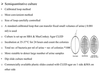  Semiquantitative culture
• Calibrated loop method
o Most convienient method
o Size of loop carefully controlled
o A standard calibrated loop that can transfer fixed small volumes of urine ( 0.001
ml) is used
o Culture is set up on SBA & MacConkey Agar CLED
o Incubation at 35-37°C for 24 hours and count the colonies
o Total no: of bacteria per ml of urine = no: of colonies *1000
o More siutable to detect large number of urine samples
• Dip slide culture method
o Commercially available plastic slides coated with CLED agar on 1 side &MA on
other side
 