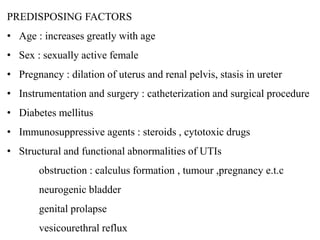 PREDISPOSING FACTORS
• Age : increases greatly with age
• Sex : sexually active female
• Pregnancy : dilation of uterus and renal pelvis, stasis in ureter
• Instrumentation and surgery : catheterization and surgical procedure
• Diabetes mellitus
• Immunosuppressive agents : steroids , cytotoxic drugs
• Structural and functional abnormalities of UTIs
obstruction : calculus formation , tumour ,pregnancy e.t.c
neurogenic bladder
genital prolapse
vesicourethral reflux
 