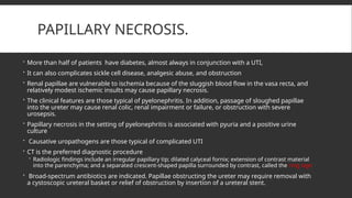 PAPILLARY NECROSIS.
 More than half of patients have diabetes, almost always in conjunction with a UTI,
 It can also complicates sickle cell disease, analgesic abuse, and obstruction
 Renal papillae are vulnerable to ischemia because of the sluggish blood flow in the vasa recta, and
relatively modest ischemic insults may cause papillary necrosis.
 The clinical features are those typical of pyelonephritis. In addition, passage of sloughed papillae
into the ureter may cause renal colic, renal impairment or failure, or obstruction with severe
urosepsis.
 Papillary necrosis in the setting of pyelonephritis is associated with pyuria and a positive urine
culture
 Causative uropathogens are those typical of complicated UTI
 CT is the preferred diagnostic procedure
 Radiologic findings include an irregular papillary tip; dilated calyceal fornix; extension of contrast material
into the parenchyma; and a separated crescent-shaped papilla surrounded by contrast, called the ring sign
 Broad-spectrum antibiotics are indicated. Papillae obstructing the ureter may require removal with
a cystoscopic ureteral basket or relief of obstruction by insertion of a ureteral stent.
 
