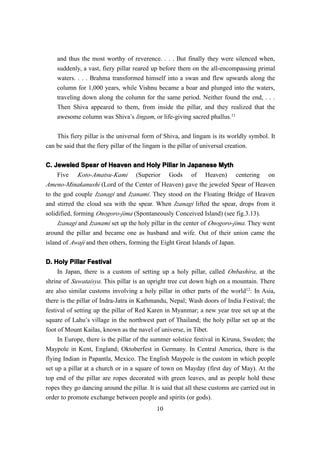 and thus the most worthy of reverence. . . . But finally they were silenced when,
    suddenly, a vast, fiery pillar reared up before them on the all-encompassing primal
    waters. . . . Brahma transformed himself into a swan and flew upwards along the
    column for 1,000 years, while Vishnu became a boar and plunged into the waters,
    traveling down along the column for the same period. Neither found the end, . . .
    Then Shiva appeared to them, from inside the pillar, and they realized that the
    awesome column was Shiva’s lingam, or life-giving sacred phallus.11


    This fiery pillar is the universal form of Shiva, and lingam is its worldly symbol. It
can be said that the fiery pillar of the lingam is the pillar of universal creation.

C. Jeweled Spear of Heaven and Holy Pillar in Japanese Myth
     Five Koto-Amatsu-Kami (Superior Gods of Heaven) centering on
Ameno-Minakanushi (Lord of the Center of Heaven) gave the jeweled Spear of Heaven
to the god couple Izanagi and Izanami. They stood on the Floating Bridge of Heaven
and stirred the cloud sea with the spear. When Izanagi lifted the spear, drops from it
solidified, forming Onogoro-jima (Spontaneously Conceived Island) (see fig.3.13).
     Izanagi and Izanami set up the holy pillar in the center of Onogoro-jima. They went
around the pillar and became one as husband and wife. Out of their union came the
island of Awaji and then others, forming the Eight Great Islands of Japan.


D. Holy Pillar Festival
     In Japan, there is a custom of setting up a holy pillar, called Onbashira, at the
shrine of Suwataisya. This pillar is an upright tree cut down high on a mountain. There
are also similar customs involving a holy pillar in other parts of the world12: In Asia,
there is the pillar of Indra-Jatra in Kathmandu, Nepal; Wash doors of India Festival; the
festival of setting up the pillar of Red Karen in Myanmar; a new year tree set up at the
square of Lahu’s village in the northwest part of Thailand; the holy pillar set up at the
foot of Mount Kailas, known as the navel of universe, in Tibet.
     In Europe, there is the pillar of the summer solstice festival in Kiruna, Sweden; the
Maypole in Kent, England; Oktoberfest in Germany. In Central America, there is the
flying Indian in Papantla, Mexico. The English Maypole is the custom in which people
set up a pillar at a church or in a square of town on Mayday (first day of May). At the
top end of the pillar are ropes decorated with green leaves, and as people hold these
ropes they go dancing around the pillar. It is said that all these customs are carried out in
order to promote exchange between people and spirits (or gods).
                                            10
 