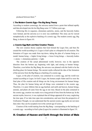 produced between them.10


I. The Modern Cosmic Egg—The Big Bang Theory
                          Egg—
According to modern cosmology, the universe started from a point that inflated rapidly
and then developed into the hot Big Bang some 13.7 billion years ago.
     Following this in sequence, elementary particles, atoms, and the heavenly bodies
were formed, and the universe as it is now was established. This story can be viewed
metaphorically as the explosive hatching of a cosmic egg. The modern cosmic egg, Big
Bang, is shown in figure 4.8.

J. Cosmic Egg Myth and New Creation Theory
     The new creation theory explains that God formed the Logos first, and then He
created the world according to it. Logos is God’s plan or a blueprint for all creation. The
formation of Logos was made from top down, taking the plan of a human being as a
model: human being → higher living beings → lower living beings → heavenly bodies
→ atoms → elementary particles → light.
     The creation of the actual phenomenal world, however, was in the opposite
direction from the bottom up; beginning with light, and aiming at human beings.
Therefore, even before the Big Bang, the universe was planned with the Earth to be the
dwelling place for human beings. The ancient myths reflected the idea of the formation
of the universe from the Big Bang as a hatching of a cosmic egg.
     Logos, or the plan of creation, was contained in a cosmic egg, and the world was
created according to Logos. In God’s Logos, the human couple Adam and Eve were the
final plan of His creation and all things are the living environment for human beings.
Thus, the plan for human being and all things were contained in the cosmic egg.
Therefore, it is pure folklore that an egg hatched, and earth and heaven, human beings,
animals, and plants all came from the egg at one time. Based on the plan contained in
the cosmic egg, creation was made over a long period of time from the bottom up. In the
ancient myths, however, it was explained that all things appeared all at once, neglecting
the time span. If we take time span into consideration, and seen from the perspective of
Unification Thought, we can understand that the ancient cosmic egg myths are not mere
fairy tales: they can be accepted even in the current age of science.
     Creation of the world starting from the Big Bang—corresponding to the hatching of
a cosmic egg—according to God’s plan (Logos) for creation is illustrated in figure 3.9.


III. Creation of Heaven and Earth through the Union of Male
                                            7
 