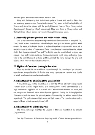 invisible spirits without sex and without physical form.
     They were followed by five male-female pairs of deities with physical form. The
last appearing was the couple Izanagi and Izanami. They stood at the Floating Bridge of
Heaven and stirred the clouds with the jeweled Spear of Heaven. Then, Onogoro-jima
(Spontaneously Conceived Island) was created. They went down to Onogoro-jima, and
the Eight Great Islands (Japan) were created through their sexual union.


E. Creation by god and goddess, and New Creation Theory
    God is the harmonious Subject Being with the dual characteristics of Yang and Yin.
Thus, it can be said that God is a united being of male god and female goddess. God
created the world with Logos. Logos is a plan (blueprint) for the created world, or a
scenario for the creation of Heaven and Earth. Logos has dual characteristics that reflect
God’s dual characteristics of Yang and Yin. In this way, the world of pair systems was
created—man and woman, male and female, stamen and pistil, cation and anion. God,
who is the united being of god and goddess, created the world through the give and
receive action between the dual characteristics.


IV. Myths of Creation through Rotation
    There are myths that the world was created through the churning of gas or water
centering on an upright pillar. Reflecting this, many countries and cultures have rituals
in which people dance around a standing pillar.


A. Indian Myth of the Churning of the Ocean of Milk
    A long time ago, Vishnu ordered gods to stir the ‘Ocean of Milk’ using Mount
Mandara as an axis and serpent Vasuki as a churning rope. Vishnu turned himself to a
huge tortoise and supported the axis on his back. As the ocean churned, the moon, the
sun, the goddess Lakshmi, and a white elephant appeared. Finally, the divine physician
Dhanwantari stole the soma, the spiritual potion of immortality, but Vishnu succeeded to
regaining it. The gods recovered their soma and their powers. The churning of the milky
ocean in Hindu myth is shown in figure 3.12.

B. Indian Myth of the Giant Fiery Pillar
    The book Mythology describes the Lingam of Shiva as recorded in the ancient
Lingam Plana:

    One day Vishnu and Brahma were disputing which of them was the prime creator
                                            9
 