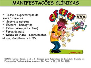  Tosse e expectoração de
mais 3 semanas
 Sudorese noturna
 Escarro - hemoptise
 Febre baixa (vespertina)
 Perda de peso
 Grupo de risco - Contactantes,
idosos, diabéticos e HIV+.
CONDE, Marcus Barreto et al . III Diretrizes para Tuberculose da Sociedade Brasileira de
Pneumologia e Tisiologia. J. bras. pneumol., São Paulo , v. 35, n. 10, Oct. 2009 .
MANIFESTAÇÕES CLÍNICAS
 