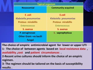 Typical organism
Community acquiredNosocomial
E.coli
Klebsiella .pneumoniae
Proteus mirabillis
Enterococcus
S. auerua
E .coli
Klebsiella.pneumoniae
Proteus mirabillis
Enterococcus
S. auerua
S. saprophyticusP. aeruginosae
Other Gram –ve baclli
fungal
The choice of empiric antimicrobial agent for lower or upper UTI
1- The choice of between agents based on local resistance data ,
availability ,cost and patient circumstances .
2-Recent urine cultures should inform the choice of an empiric
regimen.
3- The regimen should be tailored on the basis of susceptibility
results .
 