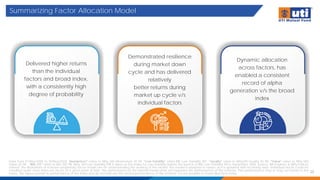 Summarizing Factor Allocation Model
22
Delivered higher returns
than the individual
factors and broad index,
with a consistently high
degree of probability
Demonstrated resilience
during market down
cycle and has delivered
relatively
better returns during
market up cycle v/s
individual factors
Dynamic allocation
across factors, has
enabled a consistent
record of alpha
generation v/s the broad
index
Data from 31/Mar/2005 to 30/Nov/2024. 'Momentum” refers to Nifty 200 Momentum 30 TRI, “Low Volatility” refers BSE Low Volatility TRI*, “Quality” refers to Nifty200 Quality 30 TRI, “Value” refers to Nifty 500
Value 50 TRI , “BSE 200” refers to BSE 200 TRI. Nifty 100 Low Volatility ITRI is taken as the Index for Low Volatility before the launch of BSE Low Volatility TRI in September 2005. Source: MFI Explorer & Nifty Indices
Limited. The illustrations of in-house proprietary factor model are for understanding the working of the model. The model is adaptive in nature as it is updated with incoming data. Individual stocks could be
classified under more than one factor at a given point of time. The performance of the internal model does not represent the performance of the scheme. Past performance may or may not sustain in the
future. The figures pertain to performance of the index and do not indicate the returns/performance of the scheme. It is not possible to invest directly in Index.
 