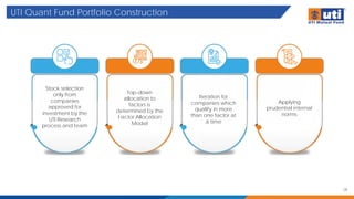 UTI Quant Fund Portfolio Construction
28
Stock selection
only from
companies
approved for
investment by the
UTI Research
process and team
Top-down
allocation to
factors is
determined by the
Factor Allocation
Model
Iteration for
companies which
qualify in more
than one factor at
a time
Applying
prudential internal
norms
 