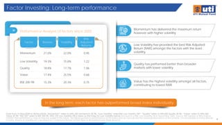 Factor Investing: Long-term performance
4
Data From 31/Mar/2005 to 30/Nov/2024. 'Momentum” refers to Nifty 200 Momentum 30 TRI, “Low Volatility” refers BSE Low Volatility TRI*, “Quality” refers to Nifty200 Quality 30 TRI, “Value” refers to Nifty 500
Value 50 TRI, “BSE 200” refers to BSE 200 TRI. Nifty 100 Low Volatility ITRI is taken as the Index for Low Volatility before the launch of BSE Low Volatility TRI in September 2005. Source: MFI Explorer & Nifty Indices
Limited. Past performance may or may not sustain in the future. The figures pertain to performance of the index and do not indicate the returns/performance of the scheme. It is not possible to invest directly
in Index. Returns & Volatility are calculated on Compound Annual Growth Rate & Annualized basis (Daily Returns).
In the long term, each factor has outperformed broad index individually
Momentum has delivered the maximum return
however with higher volatility
Low Volatility has provided the best Risk Adjusted
Return (RAR) amongst the factors with the least
volatility
Quality has performed better than broader
markets with lower volatility
Value has the highest volatility amongst all factors,
contributing to lowest RAR
Performance Analysis of factors since 2005
Factor Returns Volatility
Risk
Adjusted
Returns
Momentum 21.0% 22.0% 0.95
Low Volatility 19.3% 15.8% 1.22
Quality 18.8% 17.7% 1.06
Value 17.4% 25.5% 0.68
BSE 200 TRI 15.3% 20.3% 0.75
 