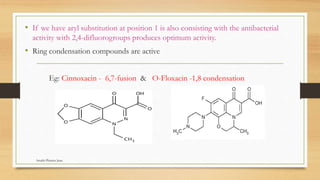 • If we have aryl substitution at position 1 is also consisting with the antibacterial
activity with 2,4-difluorogroups produces optimum activity.
• Ring condensation compounds are active
Eg: Cinnoxacin - 6,7-fusion & O-Floxacin -1,8 condensation
Swathi Pharma Jnan
 