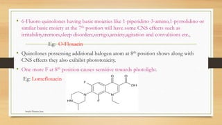 • 6-Fluoro quinolones having basic moieties like 1-piperidino-3-amino,1-pyrrolidino or
similar basic moiety at the 7th position will have some CNS effects such as
irritability,tremors,sleep disorders,vertigo,anxiety,agitation and convulsions etc.,
Eg: O-Floxacin
• Quinolones possessing additional halogen atom at 8th position shows along with
CNS effects they also exihibit phototoxicity.
• One more F at 8th position causes sensitive towards photolight.
Eg: Lomefloxacin
Swathi Pharma Jnan
 