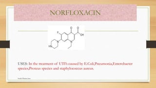 NORFLOXACIN
USES: In the treatment of UTI’s caused by E.Coli,Pneumonia,Enterobacter
species,Proteus species and staphylococcus aureus.
Swathi Pharma Jnan
 