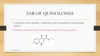 SAR OF QUINOLONES
• 1,4-dihydro 4-oxo pyridine 3-carboxylic acid is essential for anti-bacterial
activity.
• Pyridone should be fused with aromatic ring for showing activity.
Swathi Pharma Jnan
 