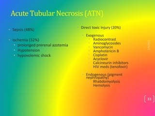 Acute Tubular Necrosis (ATN)
• Sepsis (48%)
• Ischemia (32%)
• prolonged prerenal azotemia
• Hypotension
• hypovolemic sho...