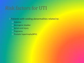 Risk factors for UTI
Patients with voiding abnormalities related to:
Diabetes
Neurogenic bladder
Spinal cord injury
P...