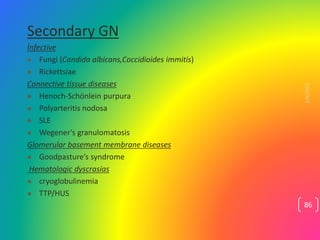 Secondary GN
İnfective
 Fungi (Candida albicans,Coccidioides immitis)
 Rickettsiae
Connective tissue diseases
 Henoch-S...