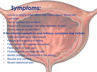 Symptoms:Cloudy or bloody urine, which may have a foul or strong odor 