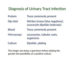 Diagnosis of Urinary Tract Infection
Protein Trace commonly present
Dip stick Nitrites (many false negatives),
Leucocyte dipslide (esterase)
Blood Trace commonly present
Microscopy Leucocytes, tubular casts,
organisms
Culture Dipslide, plating
The longer you keep a specimen before plating the
greater the possibility of a positive culture
 