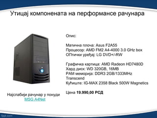 Утицај компонената на перформансе рачунарa
Oпис:
Матична плоча: Asus F2A55
Процесор: AMD FM2 A4-4000 3.0 GHz box
ОПтички уређај: LG DVD+/-RW
Графичка картица: AMD Radeon HD7480D
Хард диск: WD 320GB, 16MB
РАМ меморија: DDR3 2GB/1333MHz
Transcend
Кућиште: IG-MAX 2358 Black 500W Magnetics
Цена 19.990,00 РСД
Најслабији рачунар у понуди
MSG A4Net
 