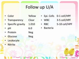 Follow up U/A
• Color Yellow
• Transparency Clear
• Specific gravity 1.010
• pH 6.0
• Protein Neg
• Glucose Neg
• Leukocyte
• Nitrite
• Epi. Cells 0-1 cell/HPF
• WBC 3-5 cell/HPF
• RBC 5-10 cell/HPF
• Bacteria
 