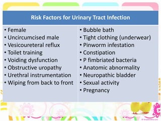 Risk Factors for Urinary Tract Infection
• Female
• Uncircumcised male
• Vesicoureteral reflux
• Toilet training
• Voiding dysfunction
• Obstructive uropathy
• Urethral instrumentation
• Wiping from back to front
• Bubble bath
• Tight clothing (underwear)
• Pinworm infestation
• Constipation
• P fimbriated bacteria
• Anatomic abnormality
• Neuropathic bladder
• Sexual activity
• Pregnancy
 