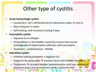 Other type of cystitis
• Acute hemorrhagic cystitis
– Caused by E. coli / attributed also to Adenovirus types 11 and 21
– More frequent in males
– Self-limiting, with hematuria lasting 4 days
• Eosinophilic cystitis
– Exposure to an allergen
– Filling defects in the bladder caused by masses that consist
histologically of inflammatory infiltrates with eosinophils
– Treatment – antihistamines , NSAIDs
• Interstitial cystitis
– Irritative voiding symptoms + negative U/C
– Diagnosis by cystoscopic  mucosal ulcers with bladder distention
– Treatments  included bladder hydrodistention and laser ablation of
ulcerated areas, but no treatment yields sustained relief
 