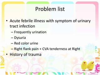 Problem list
• Acute febrile illness with symptom of urinary
tract infection
– Frequently urination
– Dysuria
– Red color urine
– Right flank pain + CVA tenderness at Right
• History of trauma
 
