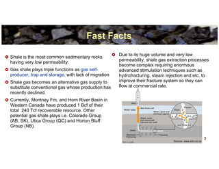 Fast Facts
                                                     Due to its huge volume and very low
Shale is the most common sedimentary rocks
                                                     permeability, shale gas extraction processes
having very low permeability.
                                                     become complex requiring enormous
Gas shale plays triple functions as gas self-        advanced stimulation techniques such as
producer, trap and storage, with lack of migration   hydrofracturing, steam injection and etc. to
Shale gas becomes an alternative gas supply to       improve their fracture system so they can
substitute conventional gas whose production has     flow at commercial rate.
recently declined.
Currently, Montney Fm. and Horn River Basin in
Western Canada have produced 1 Bcf of their
total 240 Tcf recoverable resource. Other
potential gas shale plays i.e. Colorado Group
(AB, SK), Utica Group (QC) and Horton Bluff
Group (NB).

                                                                                                      3
                                                                               Source www.bbc.co.uk
 