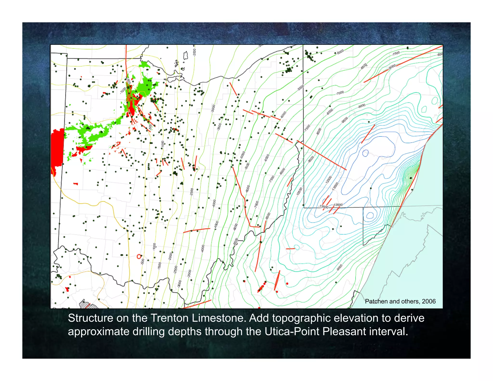 Patchen and others, 2006

Structure on the Trenton Limestone. Add topographic elevation to derive
approximate drilling depths through the Utica-Point Pleasant interval.
 