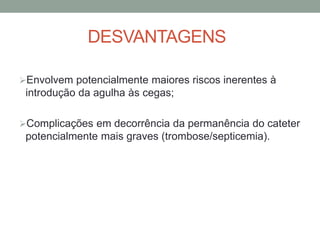 DESVANTAGENS
Envolvem potencialmente maiores riscos inerentes à
introdução da agulha às cegas;
Complicações em decorrência da permanência do cateter
potencialmente mais graves (trombose/septicemia).
 