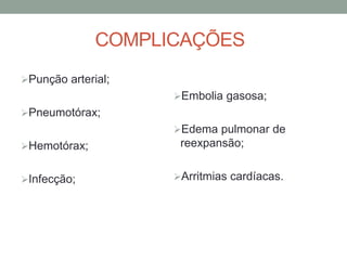 COMPLICAÇÕES
Punção arterial;
Pneumotórax;
Hemotórax;
Infecção;
Embolia gasosa;
Edema pulmonar de
reexpansão;
Arritmias cardíacas.
 