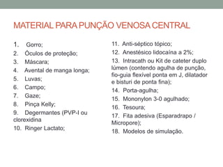 MATERIAL PARAPUNÇÃO VENOSACENTRAL
1. Gorro;
2. Óculos de proteção;
3. Máscara;
4. Avental de manga longa;
5. Luvas;
6. Campo;
7. Gaze;
8. Pinça Kelly;
9. Degermantes (PVP-I ou
clorexidina
10. Ringer Lactato;
11. Anti-séptico tópico;
12. Anestésico lidocaína a 2%;
13. Intracath ou Kit de cateter duplo
lúmen (contendo agulha de punção,
fio-guia flexível ponta em J, dilatador
e bisturi de ponta fina);
14. Porta-agulha;
15. Mononylon 3-0 agulhado;
16. Tesoura;
17. Fita adesiva (Esparadrapo /
Micropore);
18. Modelos de simulação.
 