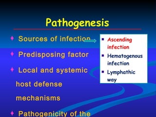 Pathogenesis Sources of infection Predisposing factor Local and systemic host defense mechanisms Pathogenicity of the stain Ascending  infection  Hematogenous infection Lymphathic way 