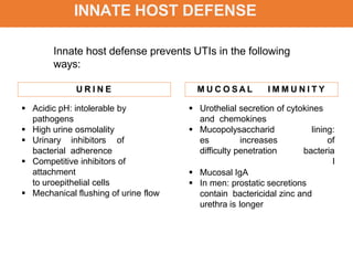 INNATE HOST DEFENSE
Innate host defense prevents UTIs in the following
ways:
U R I N E
 Acidic pH: intolerable by
pathogens
 High urine osmolality
 Urinary inhibitors of
bacterial adherence
 Competitive inhibitors of
attachment
to uroepithelial cells
 Mechanical flushing of urine flow
M U C O S A L I M M U N I T Y
 Urothelial secretion of cytokines
and chemokines
lining:
of
bacteria
l
 Mucopolysaccharid
es increases
difficulty penetration
 Mucosal IgA
 In men: prostatic secretions
contain bactericidal zinc and
urethra is longer
 