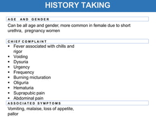 HISTORY TAKING
Can be all age and gender, more common in female due to short
urethra, pregnancy women
 Fever associated with chills and
rigor
 Voiding
 Dysuria
 Urgency
 Frequency
 Burning micturation
 Oliguria
 Hematuria
 Suprapubic pain
 Abdominal pain
Vomiting, malaise, loss of appetite,
pallor
A G E A N D G E N D E R
C H I E F C O M P L A I N T
A S S O C I A T E D S Y M P T O M S
 