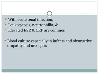  With acute renal infection,
 Leukocytosis, neutrophilia, &
 Elevated ESR & CRP are common
 Blood culture especially in infants and obstructive
uropathy and urosepsis
 