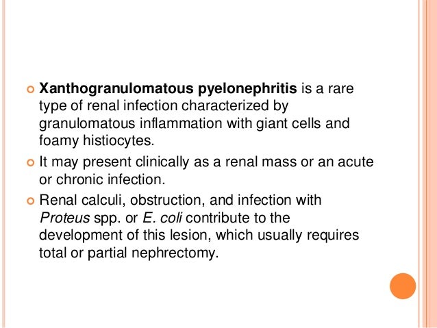  Xanthogranulomatous pyelonephritis is a rare type of renal infection characterized by granulomatous inflammation with gi...