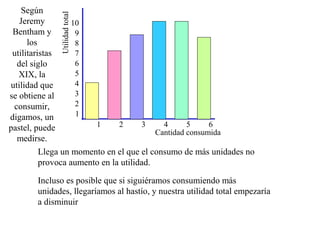 10
9
8
7
6
5
4
3
2
1
Llega un momento en el que el consumo de más unidades no
provoca aumento en la utilidad.
Incluso es posible que si siguiéramos consumiendo más
unidades, llegaríamos al hastío, y nuestra utilidad total empezaría
a disminuir
1 2 3 4 5 6
Según
Jeremy
Bentham y
los
utilitaristas
del siglo
XIX, la
utilidad que
se obtiene al
consumir,
digamos, un
pastel, puede
medirse.
Utilidadtotal
Cantidad consumida
 