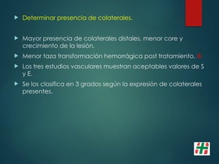  Determinar presencia de colaterales.
 Mayor presencia de colaterales distales, menor core y
crecimiento de la lesión.
 Menor taza transformación hemorrágica post tratamiento. III.
 Los tres estudios vasculares muestran aceptables valores de S
y E.
 Se los clasifica en 3 grados según la expresión de colaterales
presentes.
 