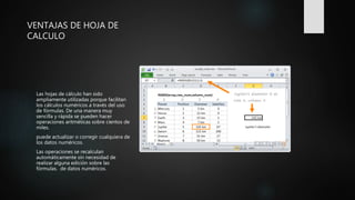 VENTAJAS DE HOJA DE
CALCULO
Las hojas de cálculo han sido
ampliamente utilizadas porque facilitan
los cálculos numéricos a través del uso
de fórmulas. De una manera muy
sencilla y rápida se pueden hacer
operaciones aritméticas sobre cientos de
miles.
puede actualizar o corregir cualquiera de
los datos numéricos.
Las operaciones se recalculan
automáticamente sin necesidad de
realizar alguna edición sobre las
fórmulas. de datos numéricos.
 