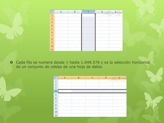  Cada fila se numera desde 1 hasta 1.048.576 y es la selección horizontal
de un conjunto de celdas de una hoja de datos
 