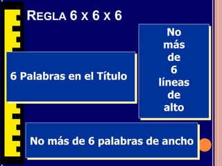 6 Palabras en el Título
No más de 6 palabras de ancho
No
más
de
6
líneas
de
alto
REGLA 6 X 6 X 6
 