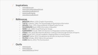 /

Inspirations
—
—
—
—
—

www.feltron.com
www.informationisbeautiful.net
www.datavisualization.ch
www.visualizing.org
www.datavisualization.fr

!

/

Références
—
—
—
—
—
—
—
—
—
—
—

BRINTON Willard, 1939, Graphic Presentation
TUFTE R. Edward, 1983, The Visual Display of Quantitative Information
MENZEL Peter, 1995, Material World: A Global Family Portrait
McCANDLESS David, 2000, Information is Beautiful
WARE Colin, 2008, Visual Thinking for Design
KURNIAWAN Trisnadi, 2009, Introduction to Infographics & Data Visualisation
STEELE Julie, 2010, Beautiful Visualization: Looking at Data through the Eyes of Experts
LIMA Manuel, 2011, Visual Complexity: Mapping Patterns of Information
GABORIT Gaëtan, 2012, Visualisation de données, les leçons de l’Histoire
FELTON Nicholas, 2012, Feltron Annual report
CAIRO Alberto, 2012, The Functional art

!

/

Outils
—
—
—

www.visua.ly
www.infogr.am
www.infoactive.co (beta)

 