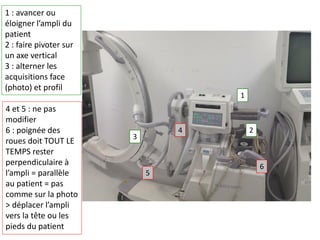 1
2
3
4
5
6
1 : avancer ou
éloigner l’ampli du
patient
2 : faire pivoter sur
un axe vertical
3 : alterner les
acquisitions face
(photo) et profil
4 et 5 : ne pas
modifier
6 : poignée des
roues doit TOUT LE
TEMPS rester
perpendiculaire à
l’ampli = parallèle
au patient = pas
comme sur la photo
> déplacer l’ampli
vers la tête ou les
pieds du patient
 
