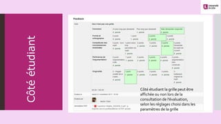 Côté étudiant la grille peut être
affichée ou non lors de la
consultation de l’évaluation,
selon les réglages choisi dans les
paramètres de la grille
Côtéétudiant
 