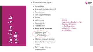 Dans
l’administration du
devoir, l’onglet
« évaluation
avancée » sera
accessible
Accéderàla
grille
 