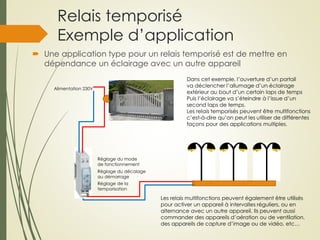 Relais temporisé
Exemple d’application
 Une application type pour un relais temporisé est de mettre en
dépendance un éclairage avec un autre appareil
Alimentation 230V
Réglage du décalage
au démarrage
Réglage de la
temporisation
Réglage du mode
de fonctionnement
Dans cet exemple, l’ouverture d’un portail
va déclencher l’allumage d’un éclairage
extérieur au bout d’un certain laps de temps
Puis l’éclairage va s’éteindre à l’issue d’un
second laps de temps.
Les relais temporisés peuvent être multifonctions
c’est-à-dire qu’on peut les utiliser de différentes
façons pour des applications multiples.
Les relais multifonctions peuvent également être utilisés
pour activer un appareil à intervalles réguliers, ou en
alternance avec un autre appareil. Ils peuvent aussi
commander des appareils d’aération ou de ventilation,
des appareils de capture d’image ou de vidéo, etc…
 